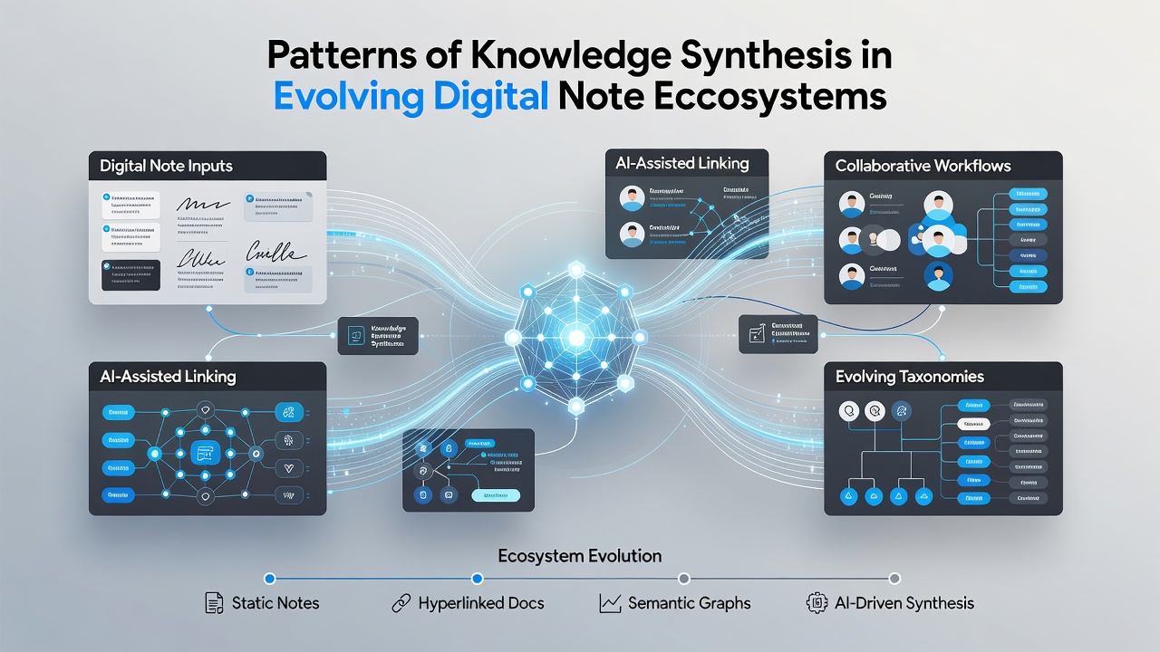 Network visualization of knowledge synthesis showing clusters of notes connected by semantic links and temporal markers